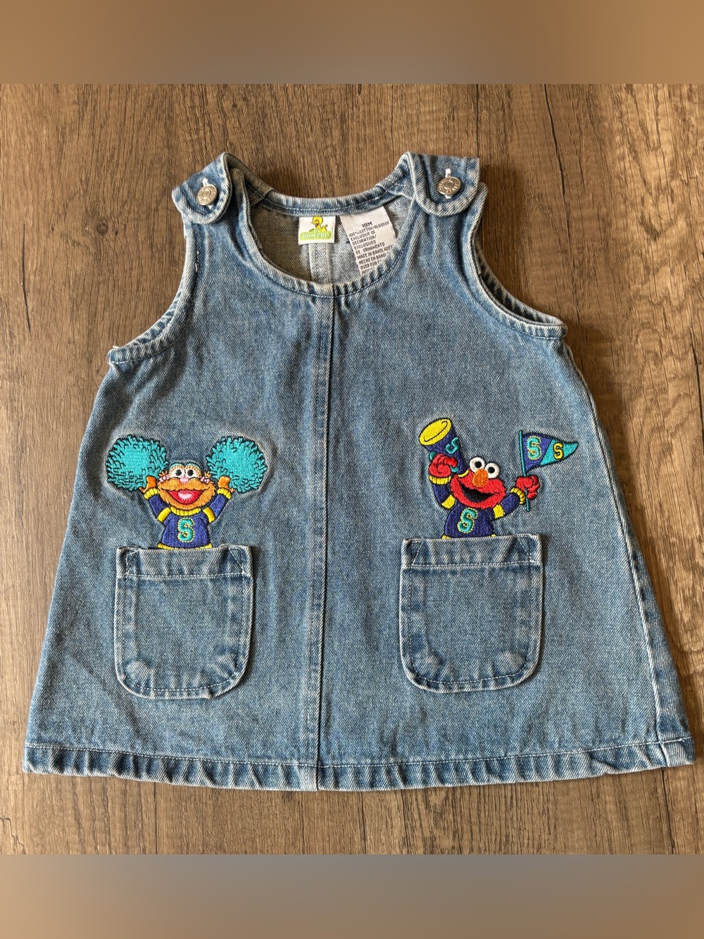 Vintage 2000s Y2K Sesame Street Toddler Denim Dress Cheerleader Elmo Zoe 18M